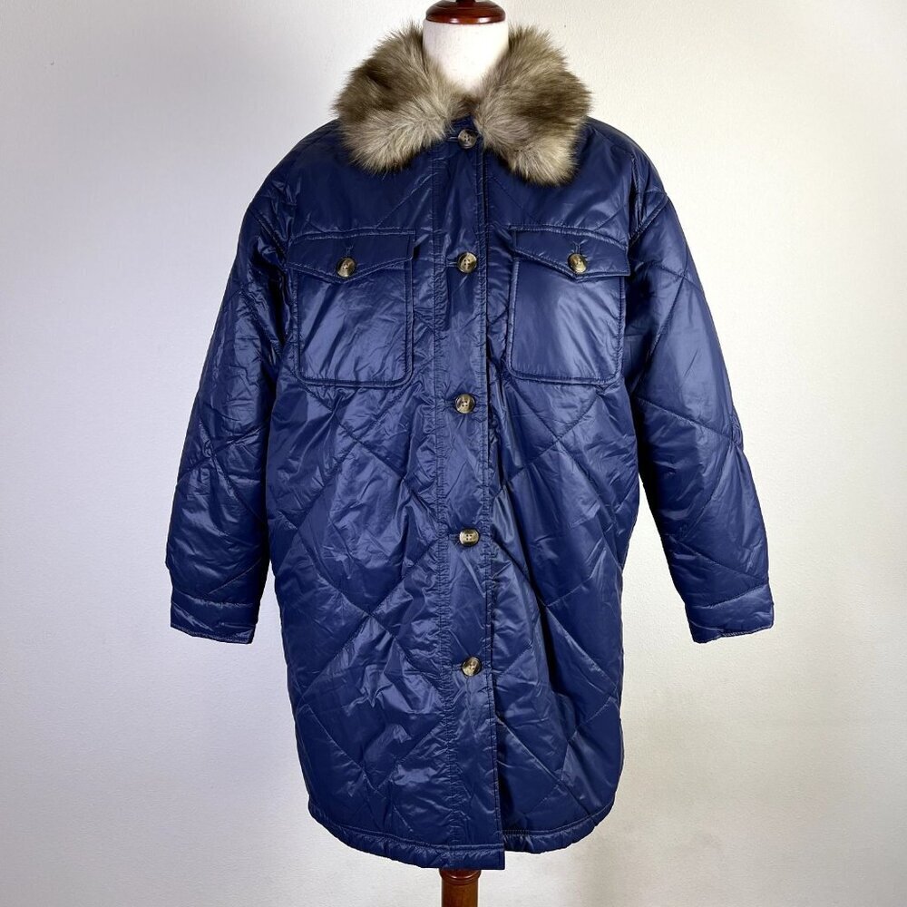 Aerie Quilted Puffer Jacket Women's XS Blue Faux Fur Collar Sherpa Lined Coat